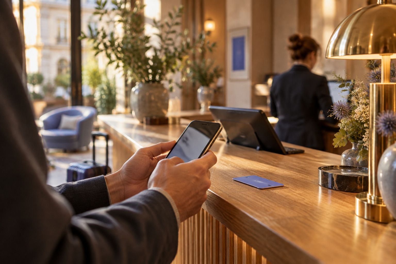 Réception d’un hôtel indépendant, tablette et smartphone sur le comptoir