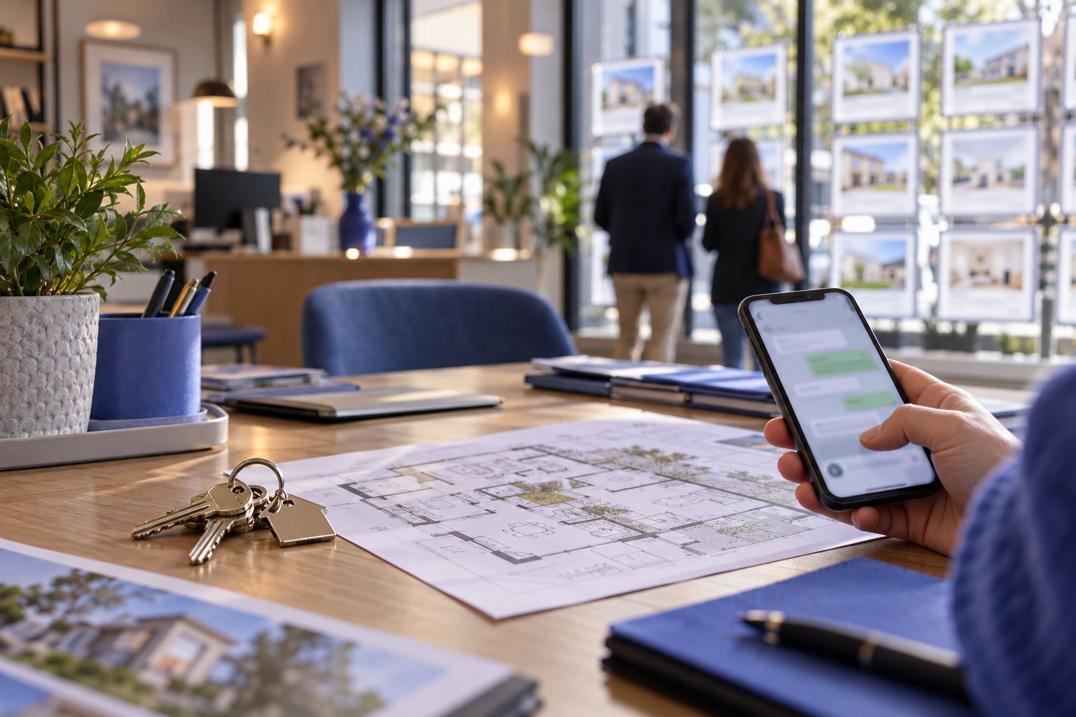Agence immobilière : clés, plan et conversation WhatsApp sur un smartphone