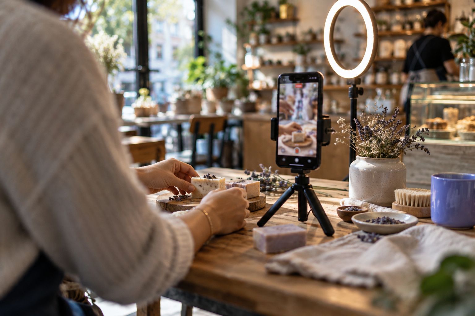 Commerçant qui filme un produit au smartphone pour les réseaux sociaux